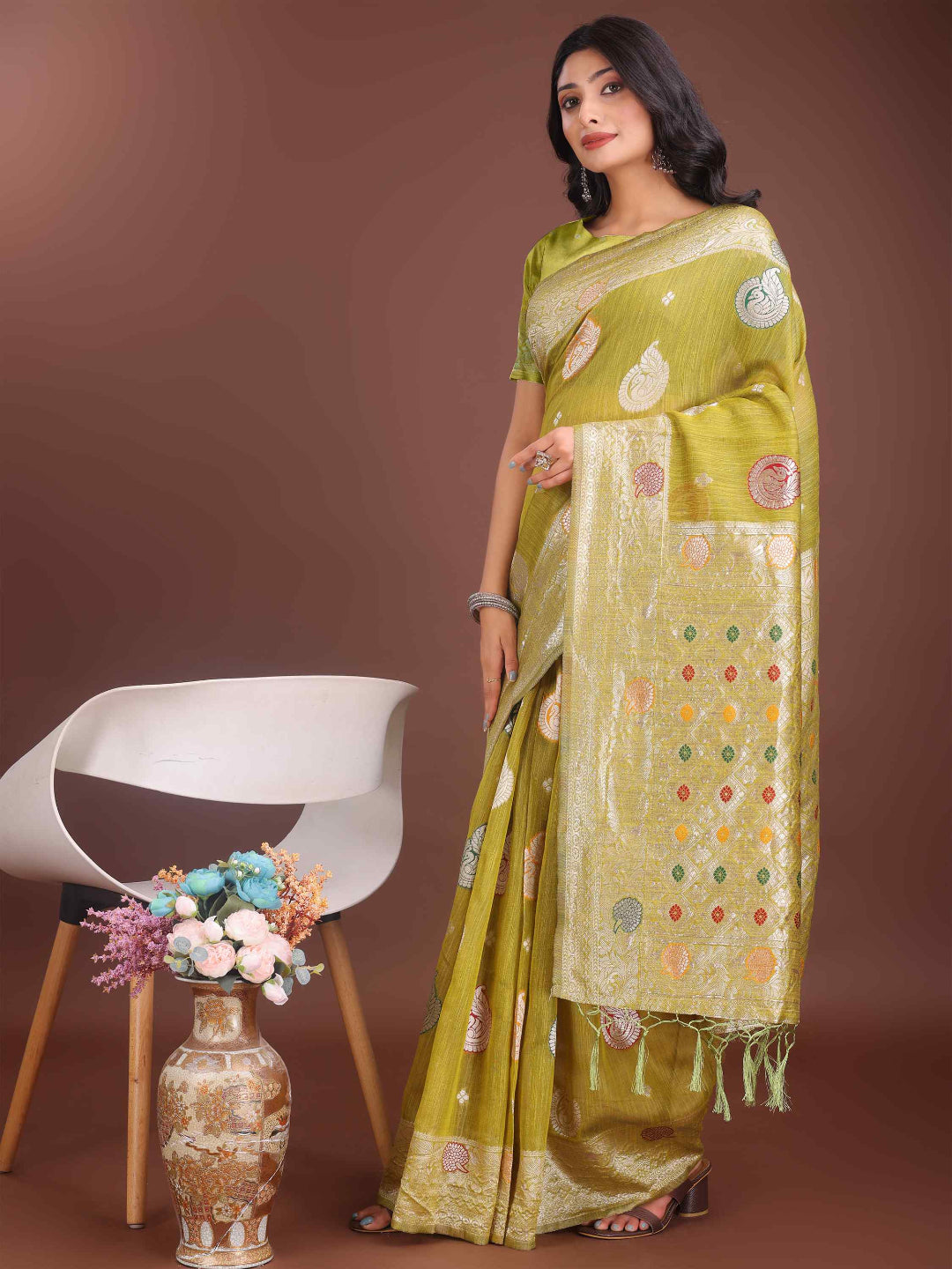Elegant Mustard Linen Cotton Saree with Zari Weaving