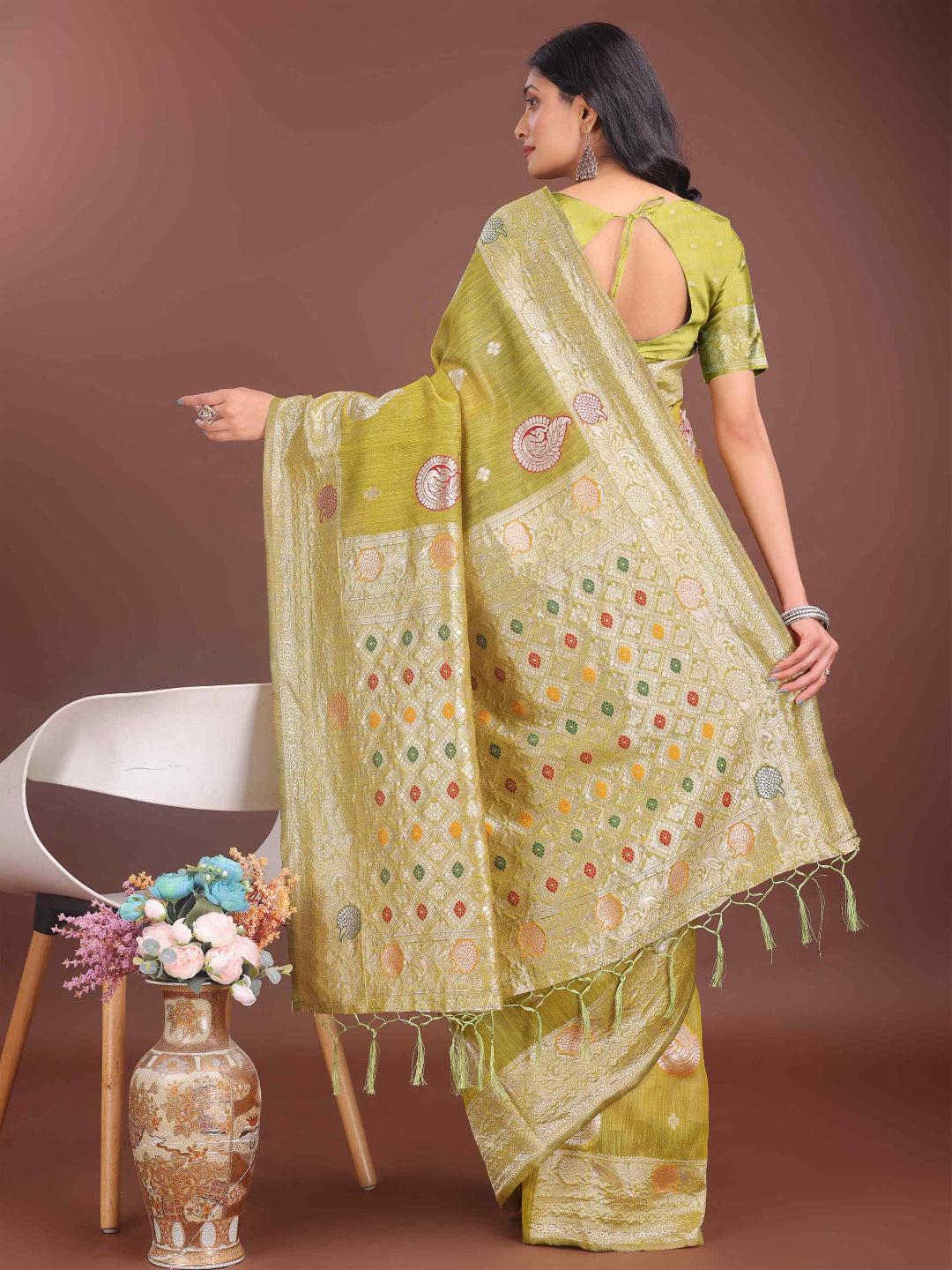 Elegant Mustard Linen Cotton Saree with Zari Weaving