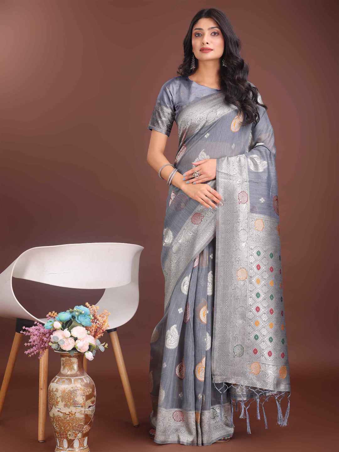 Elegant Mustard Linen Cotton Saree with Zari Weaving