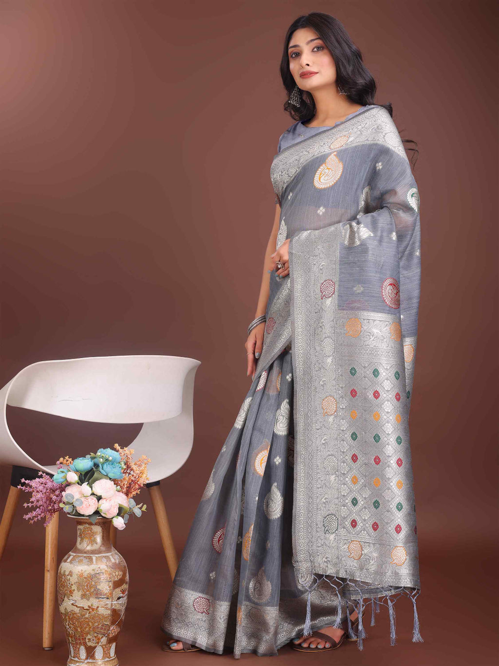 Elegant Mustard Linen Cotton Saree with Zari Weaving