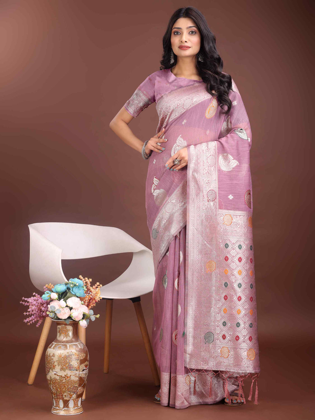 Elegant Mustard Linen Cotton Saree with Zari Weaving