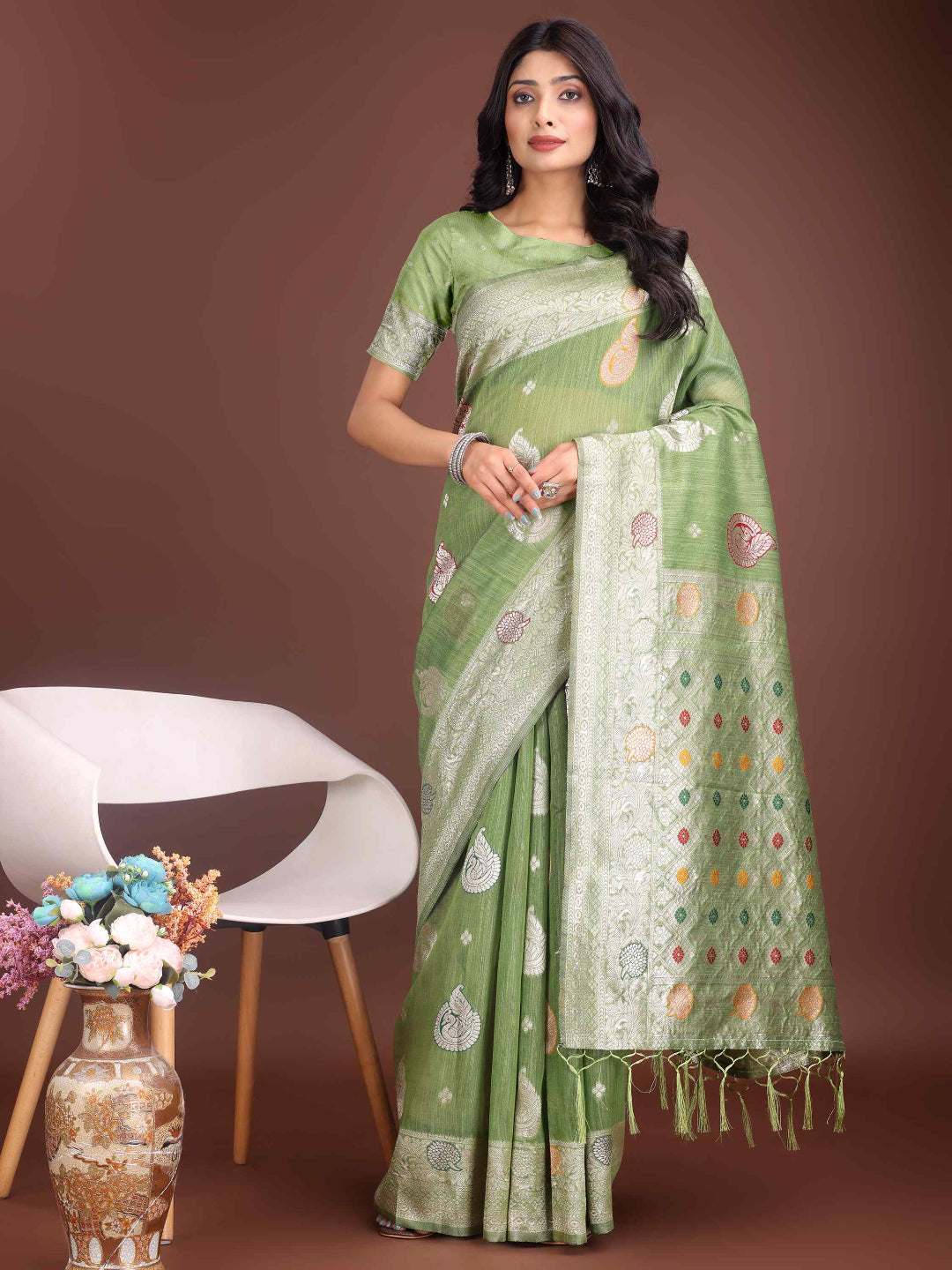 Elegant Mustard Linen Cotton Saree with Zari Weaving