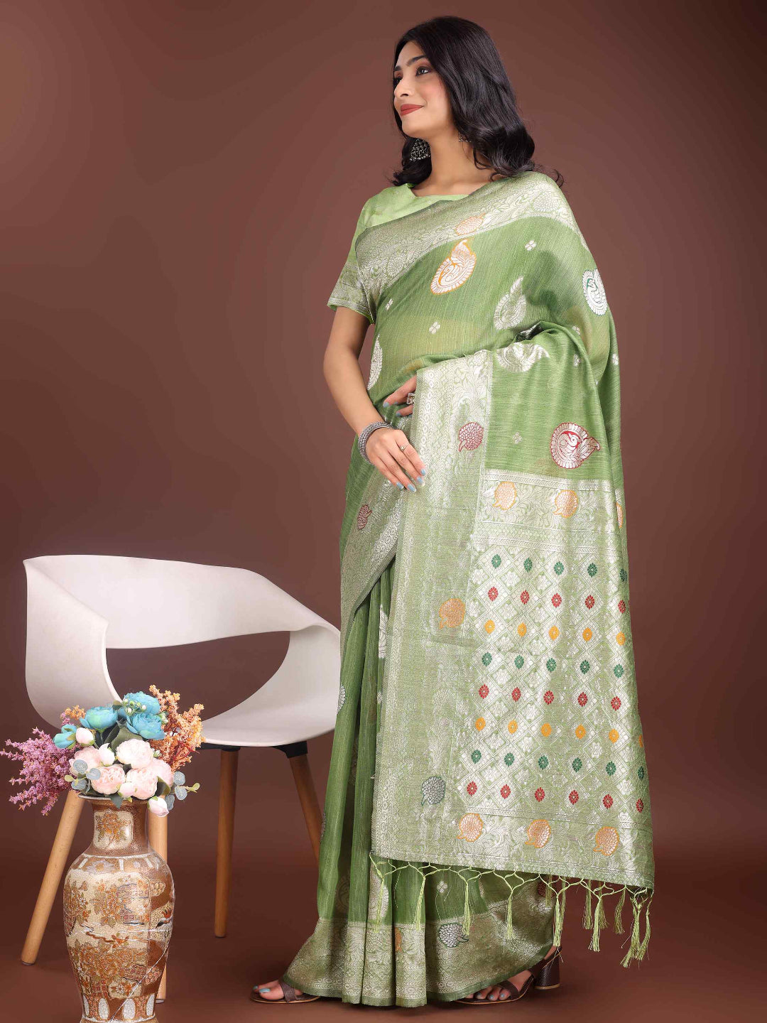 Elegant Mustard Linen Cotton Saree with Zari Weaving