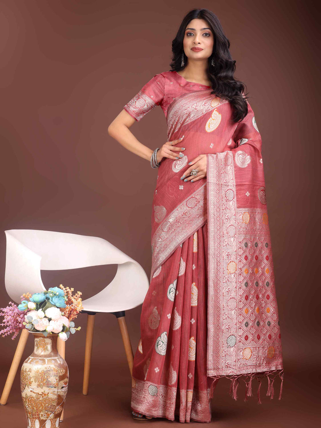 Elegant Mustard Linen Cotton Saree with Zari Weaving