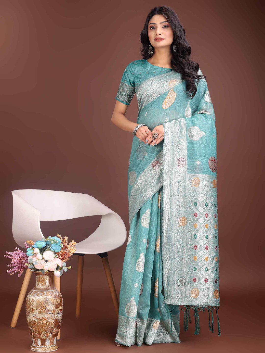 Elegant Mustard Linen Cotton Saree with Zari Weaving