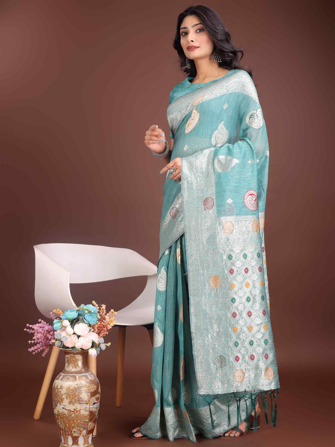 Elegant Mustard Linen Cotton Saree with Zari Weaving