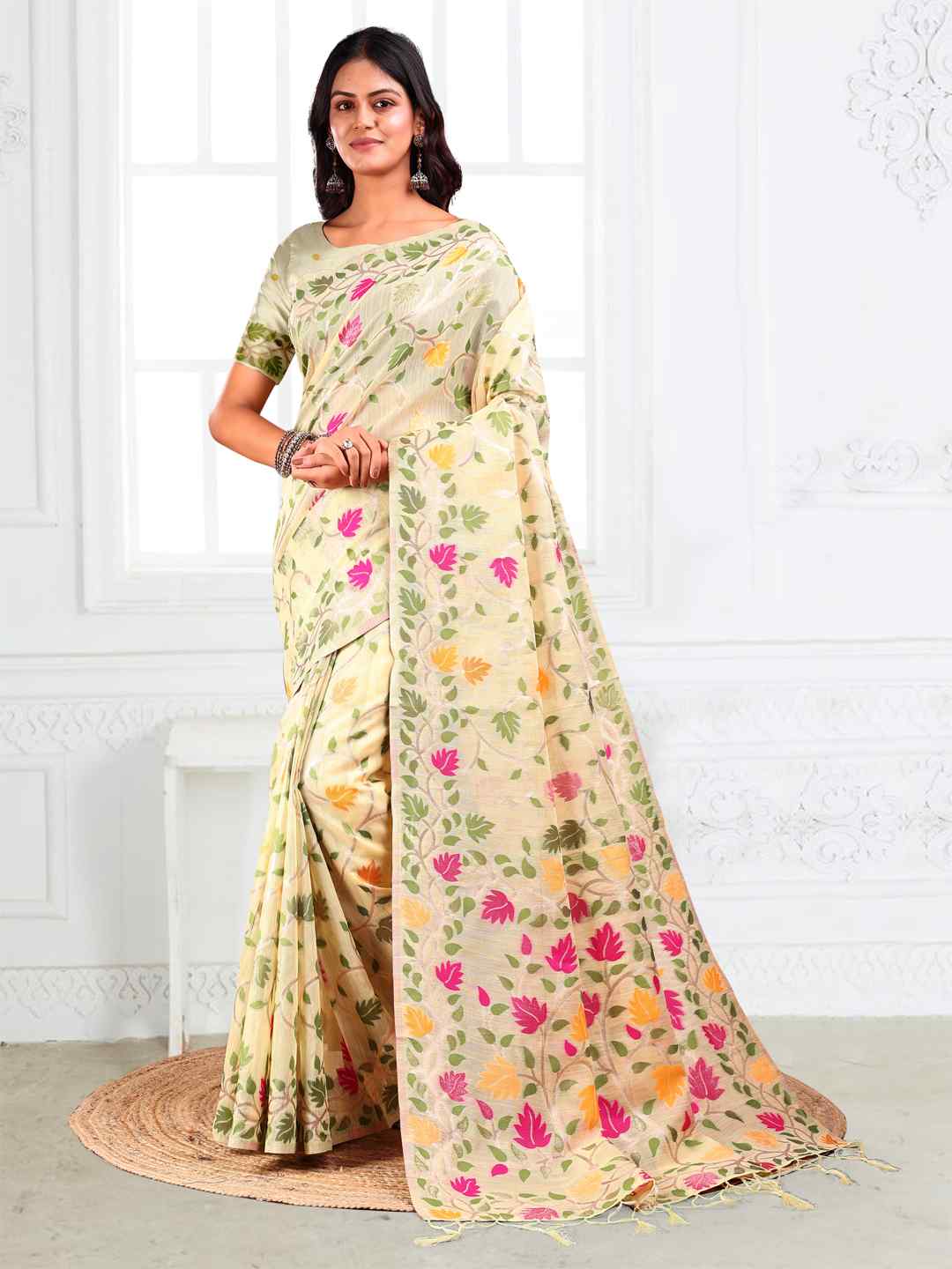 Off White Linen Cotton Woven Jacquard Saree