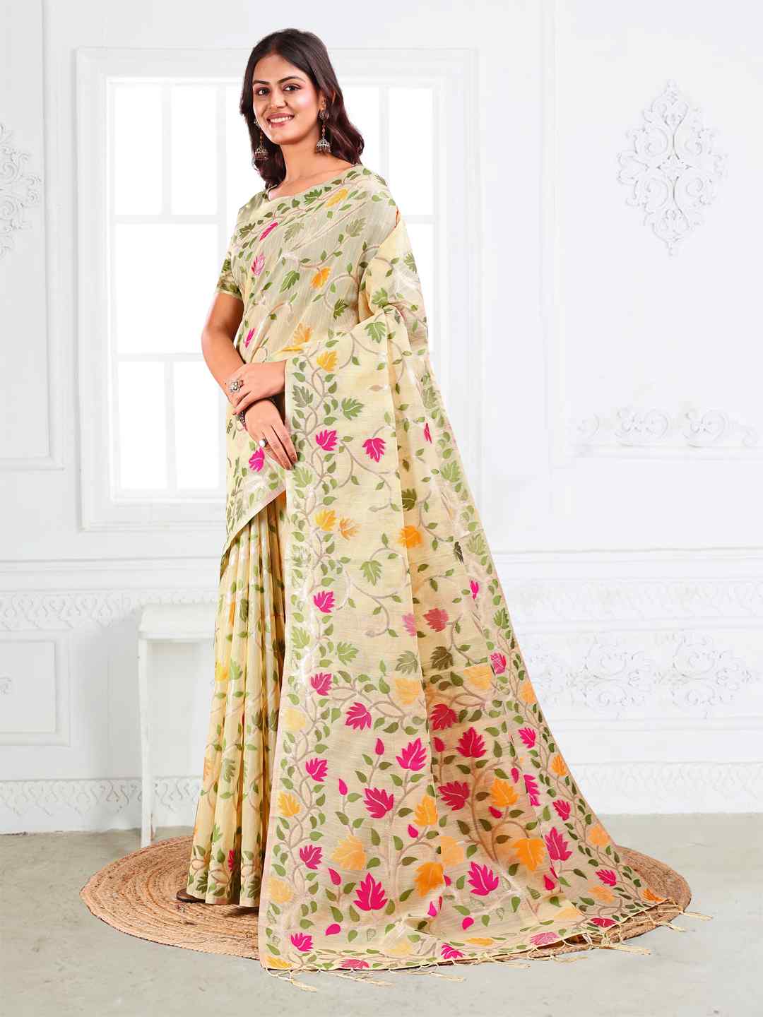 Off White Linen Cotton Woven Jacquard Saree