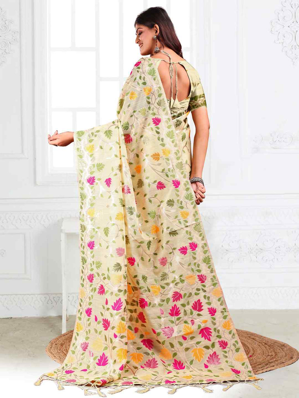 Off White Linen Cotton Woven Jacquard Saree