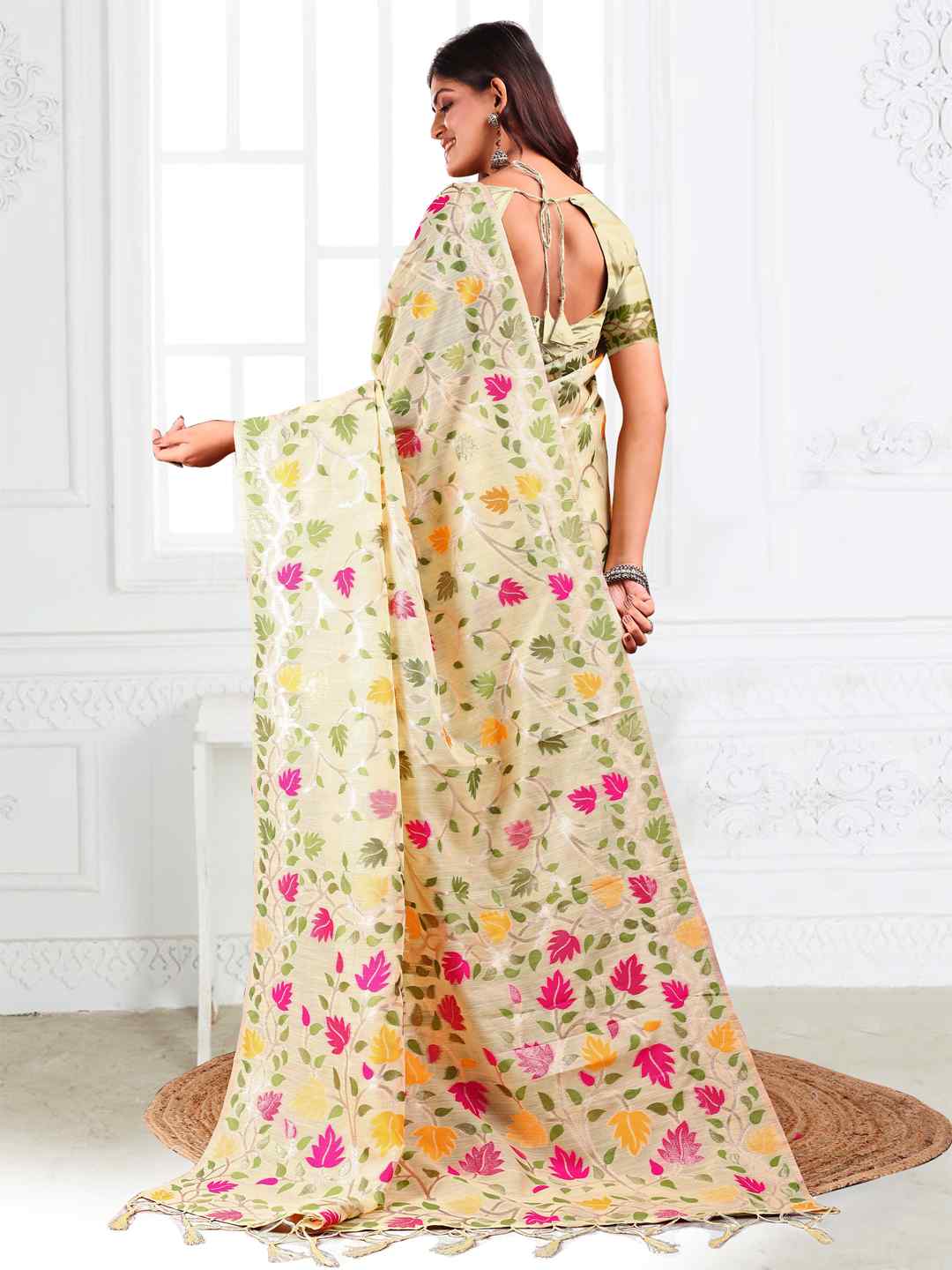 Off White Linen Cotton Woven Jacquard Saree