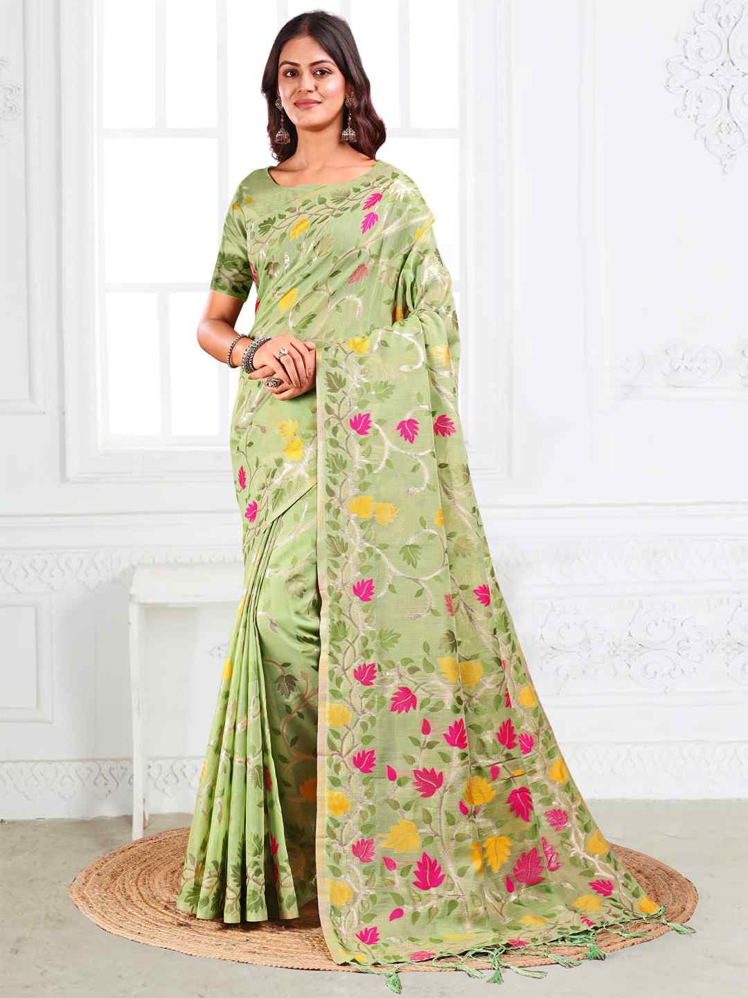 Off White Linen Cotton Woven Jacquard Saree