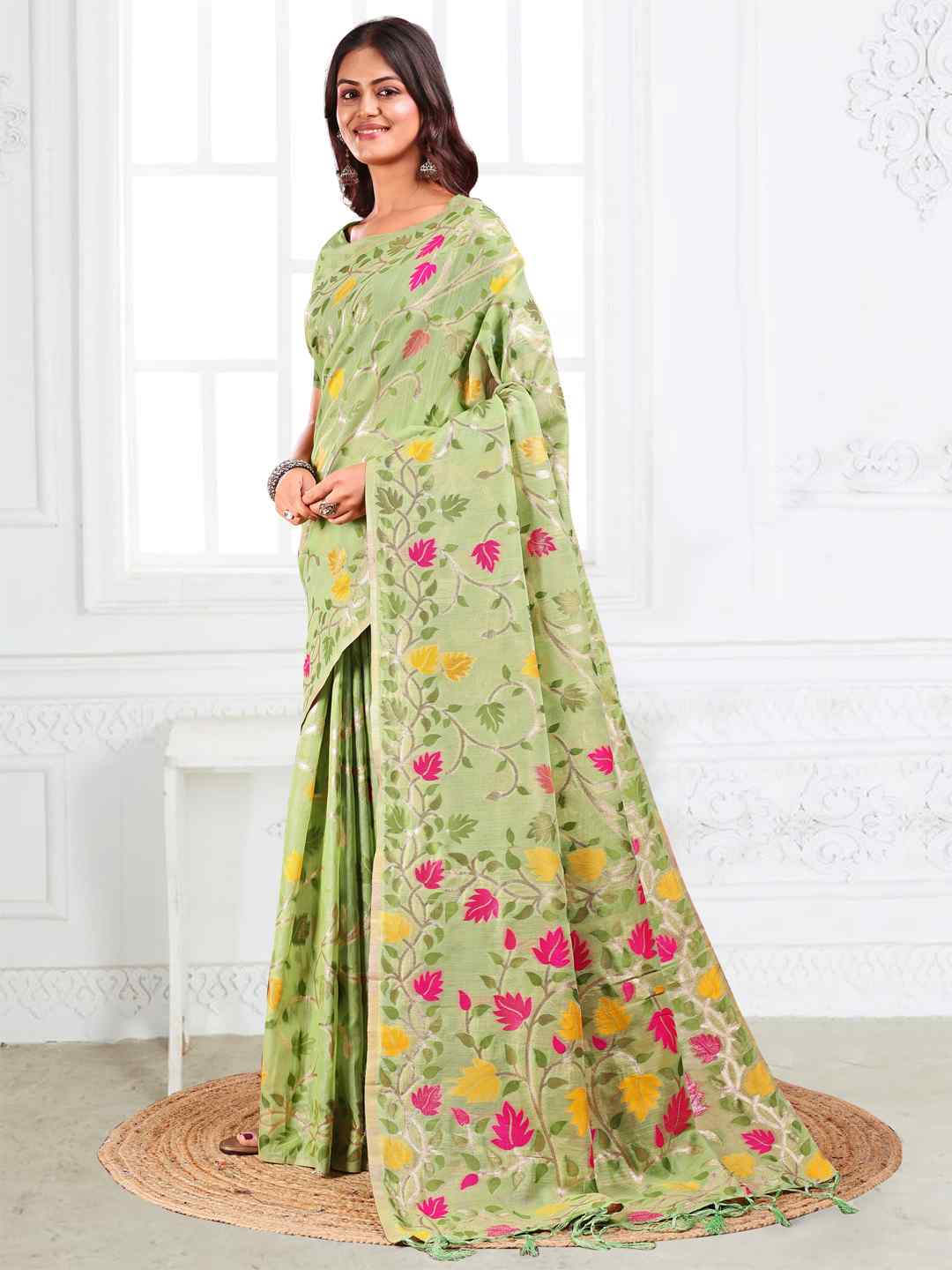 Off White Linen Cotton Woven Jacquard Saree
