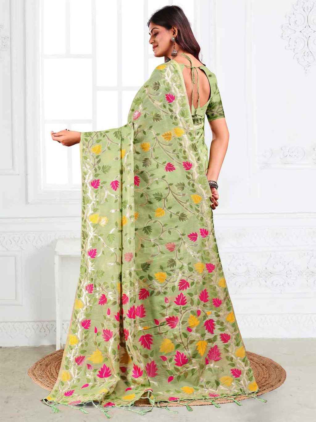 Off White Linen Cotton Woven Jacquard Saree