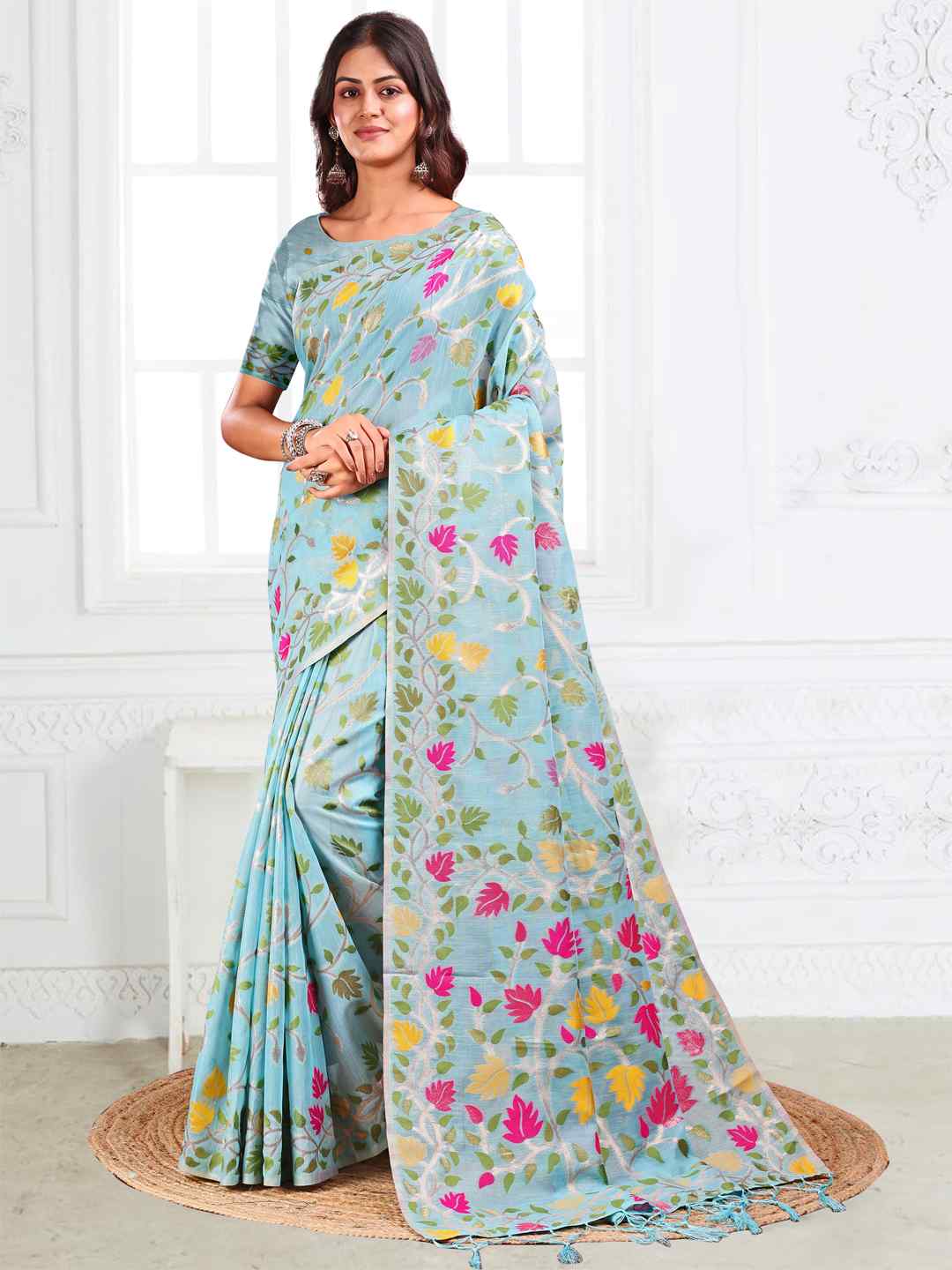 Off White Linen Cotton Woven Jacquard Saree