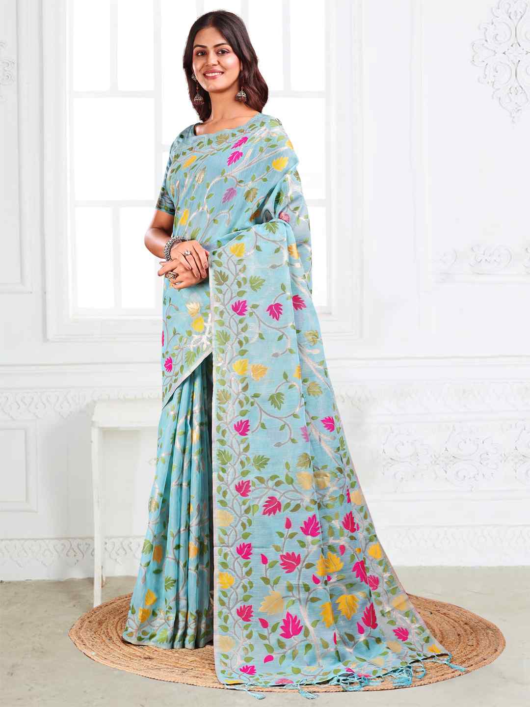 Off White Linen Cotton Woven Jacquard Saree