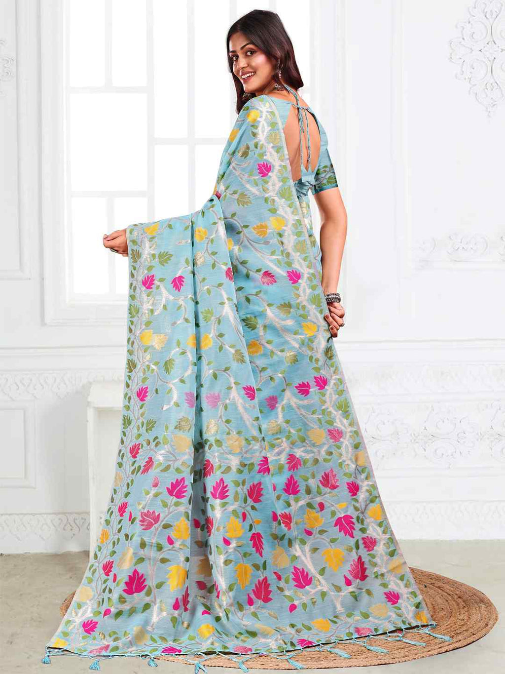 Off White Linen Cotton Woven Jacquard Saree