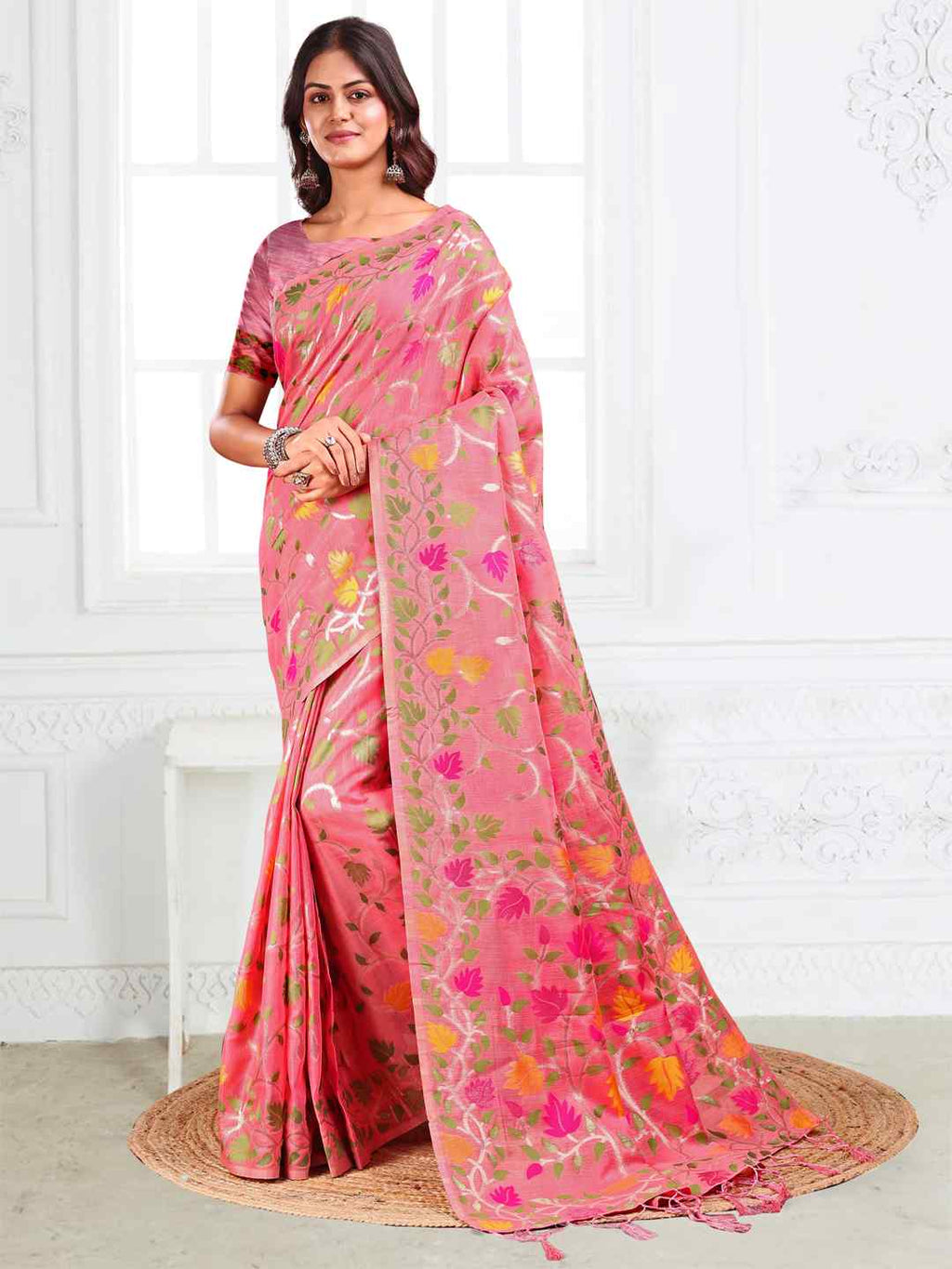 Off White Linen Cotton Woven Jacquard Saree