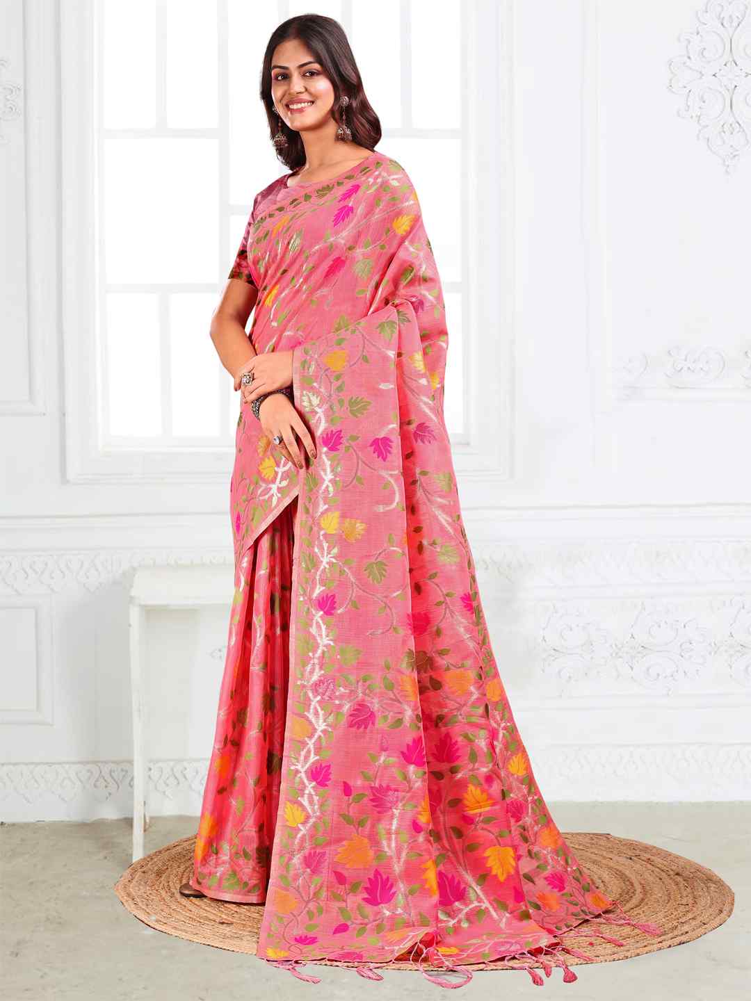 Off White Linen Cotton Woven Jacquard Saree