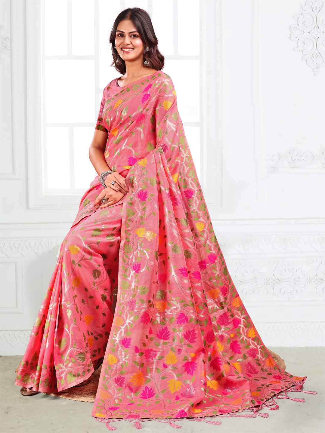 Off White Linen Cotton Woven Jacquard Saree