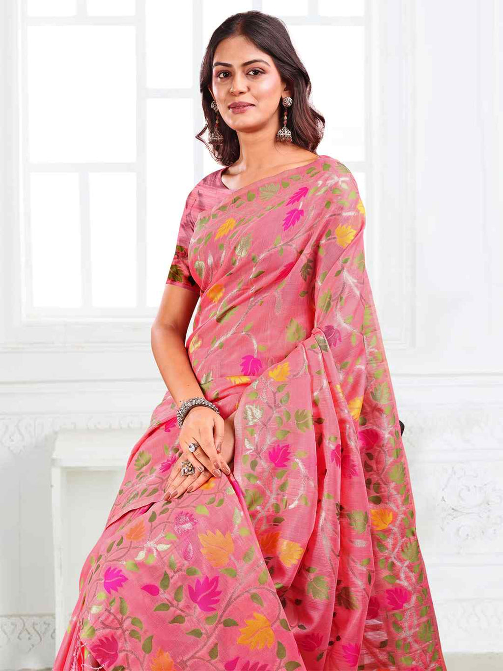 Off White Linen Cotton Woven Jacquard Saree