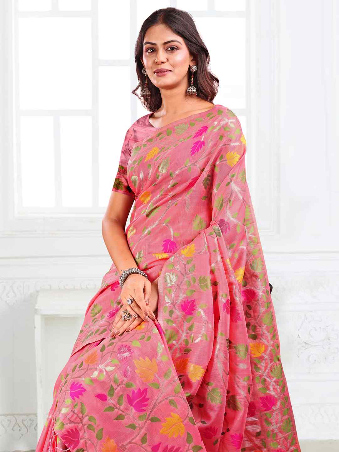 Off White Linen Cotton Woven Jacquard Saree