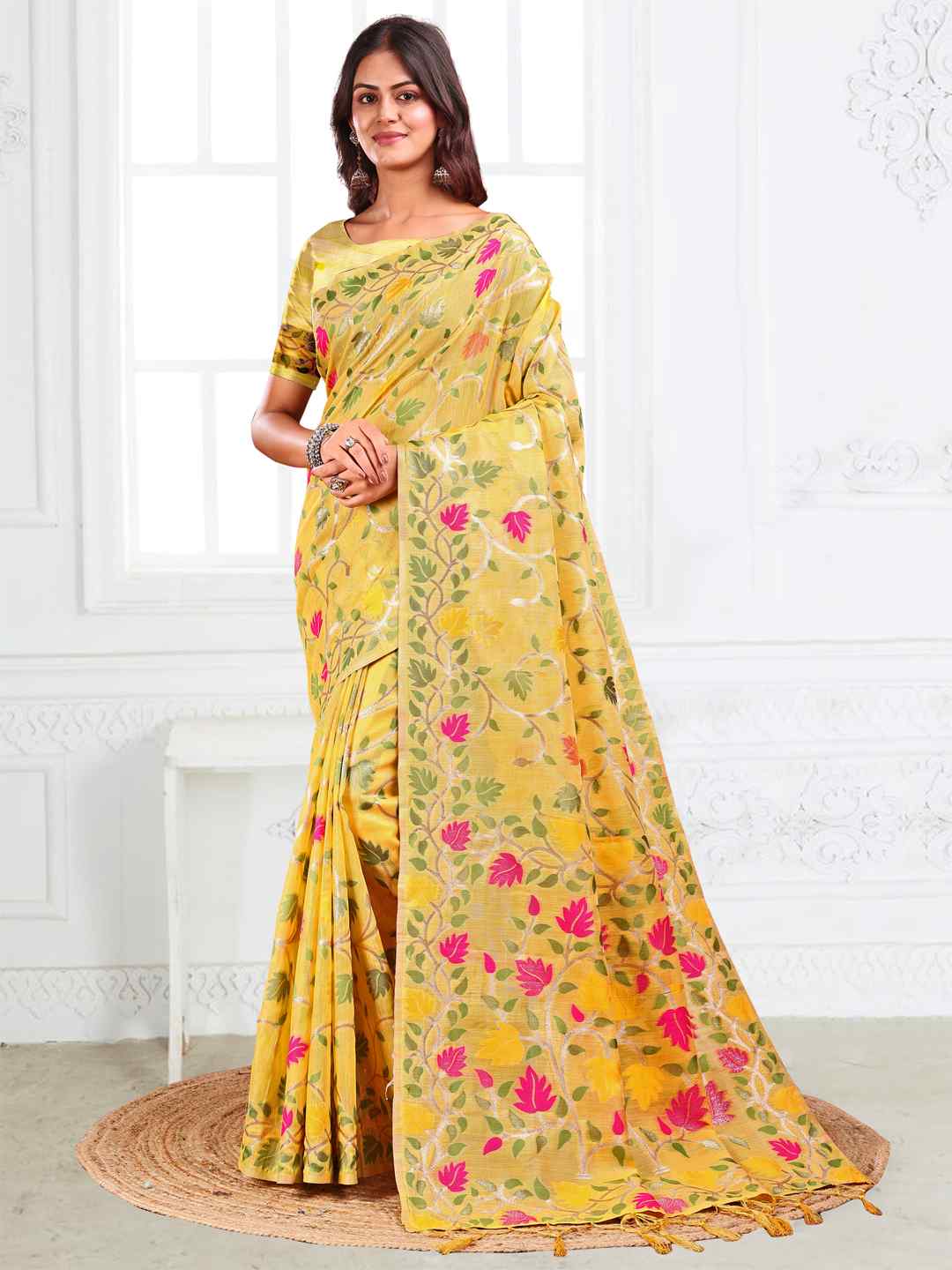 Off White Linen Cotton Woven Jacquard Saree
