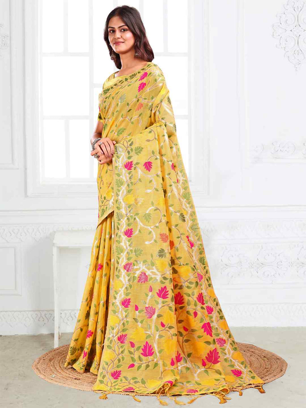 Off White Linen Cotton Woven Jacquard Saree