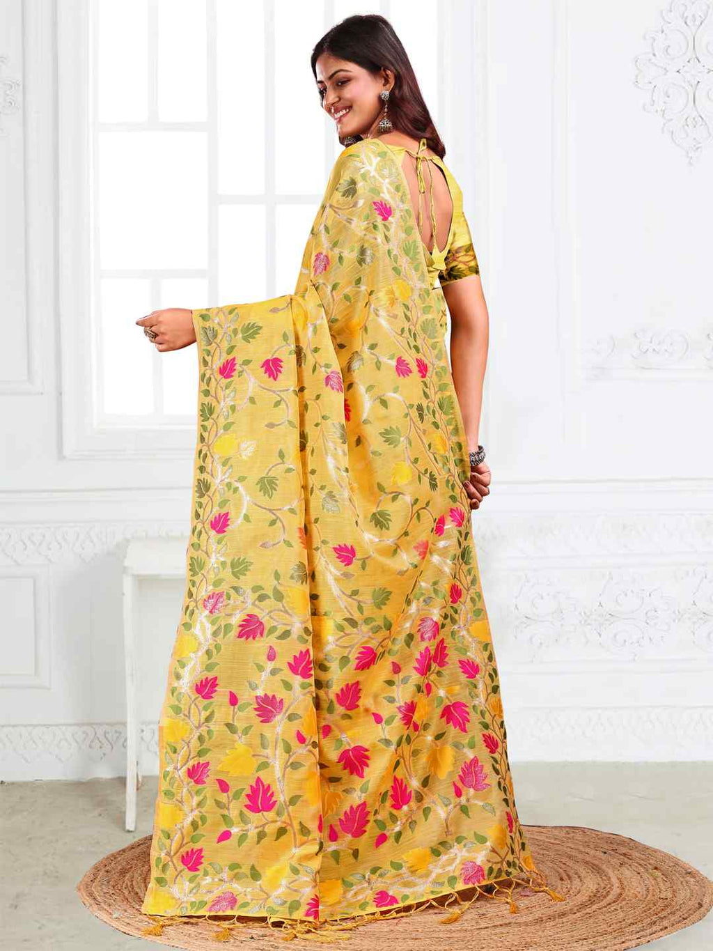 Off White Linen Cotton Woven Jacquard Saree