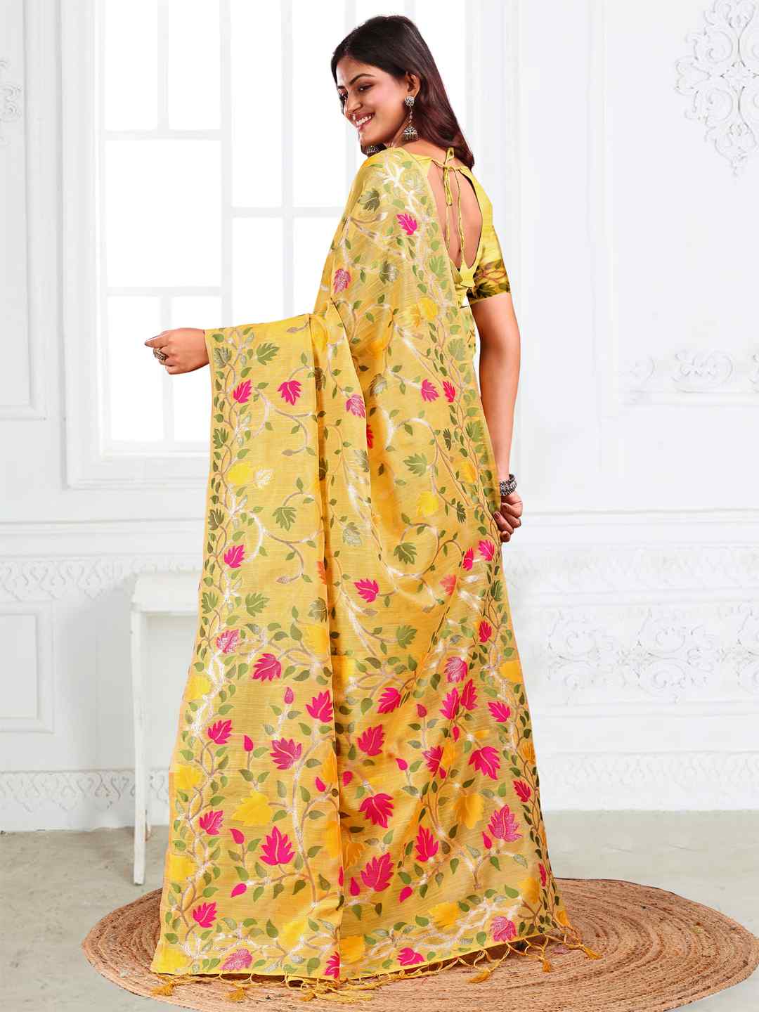 Off White Linen Cotton Woven Jacquard Saree