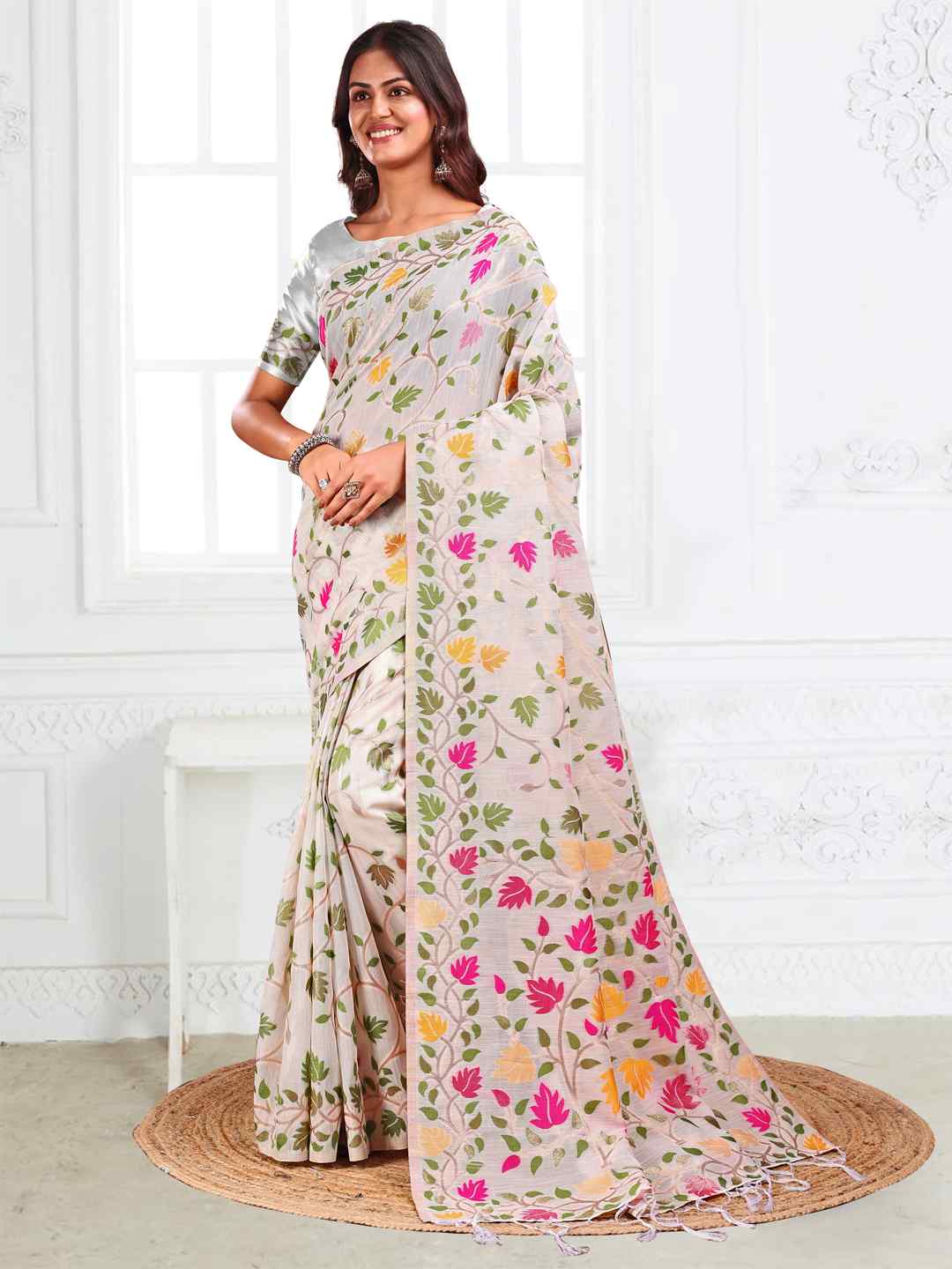 Off White Linen Cotton Woven Jacquard Saree