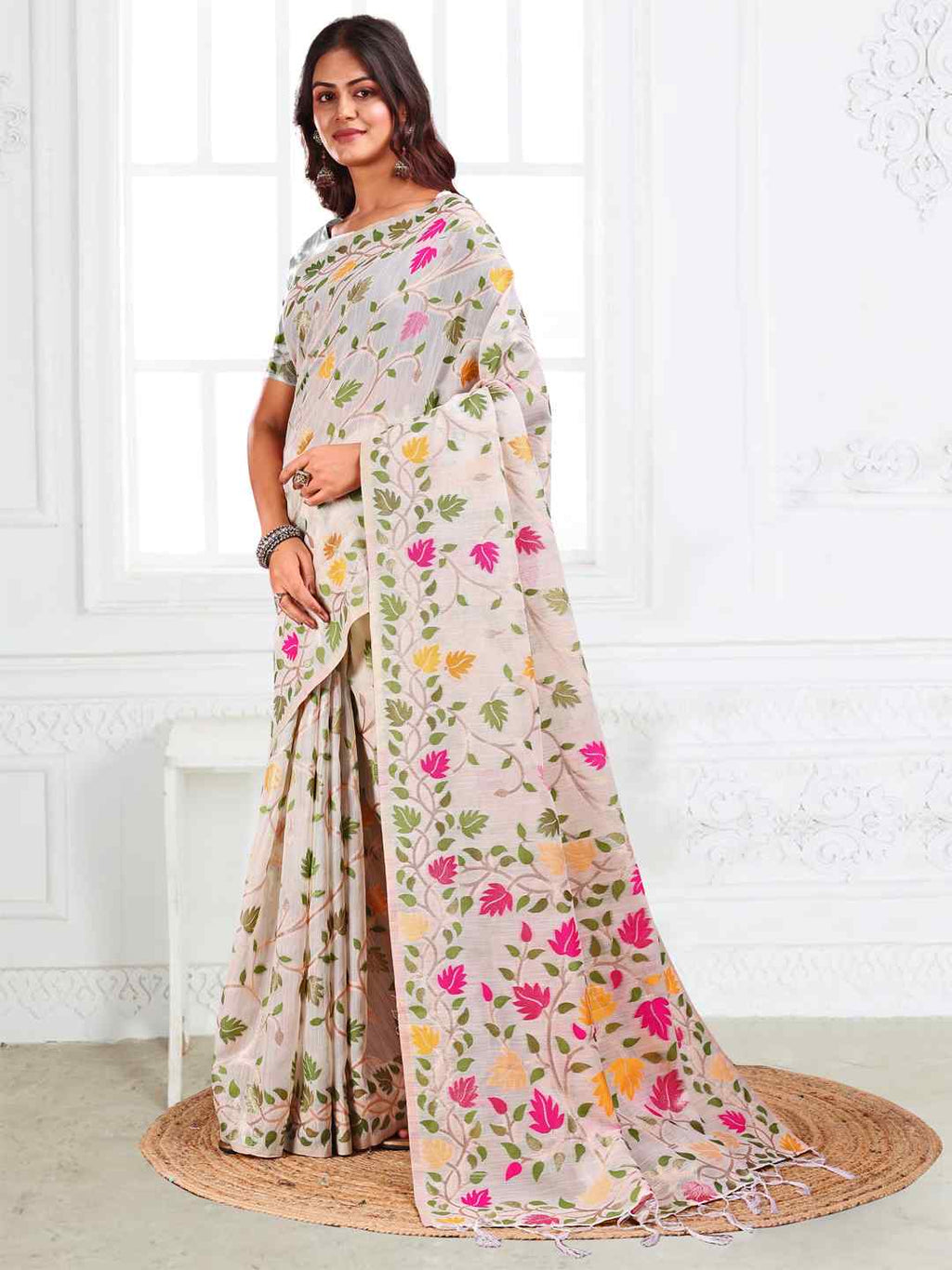 Off White Linen Cotton Woven Jacquard Saree