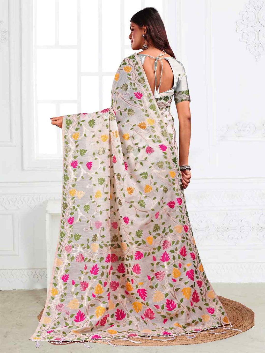 Off White Linen Cotton Woven Jacquard Saree