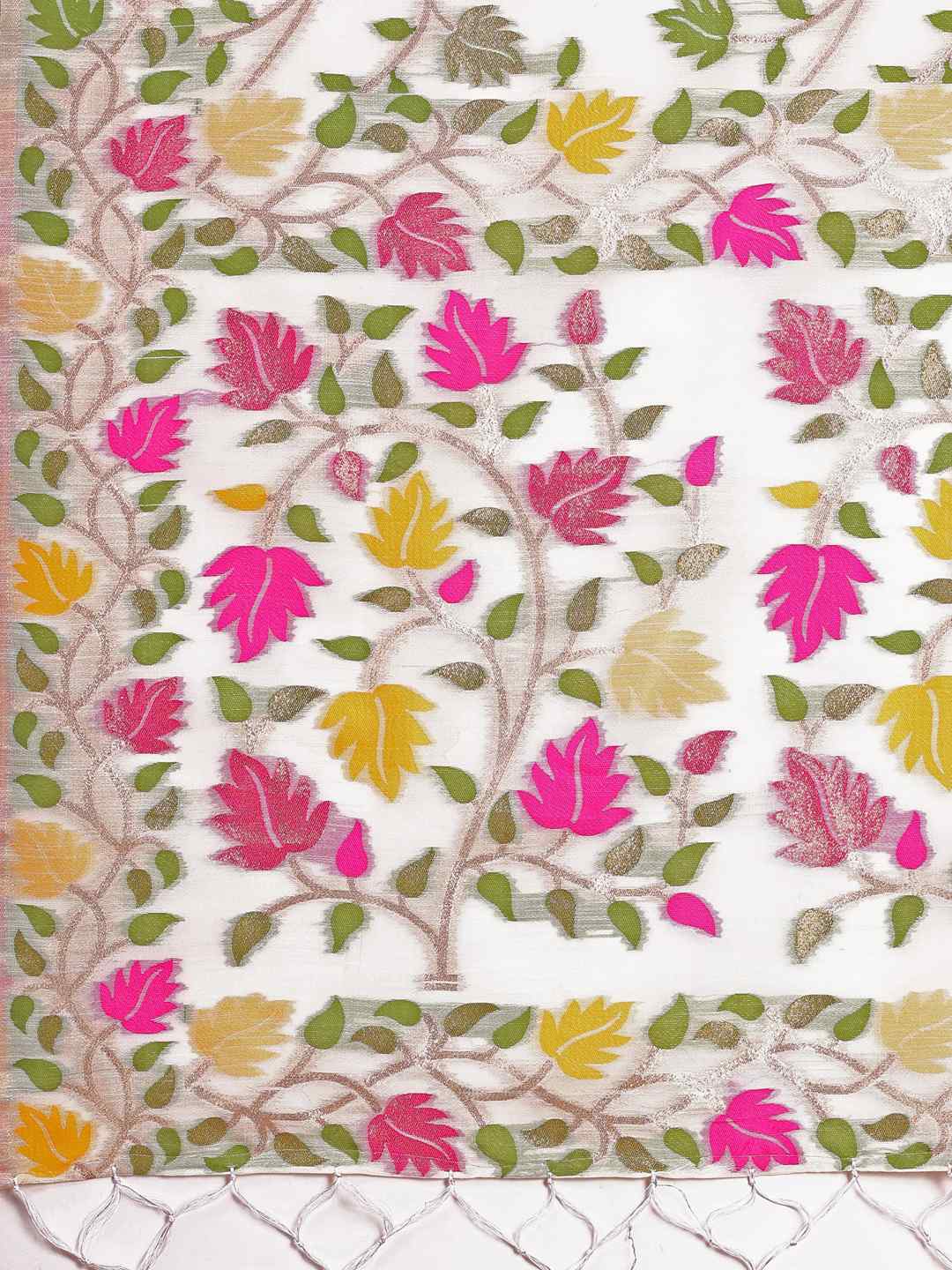 Off White Linen Cotton Woven Jacquard Saree