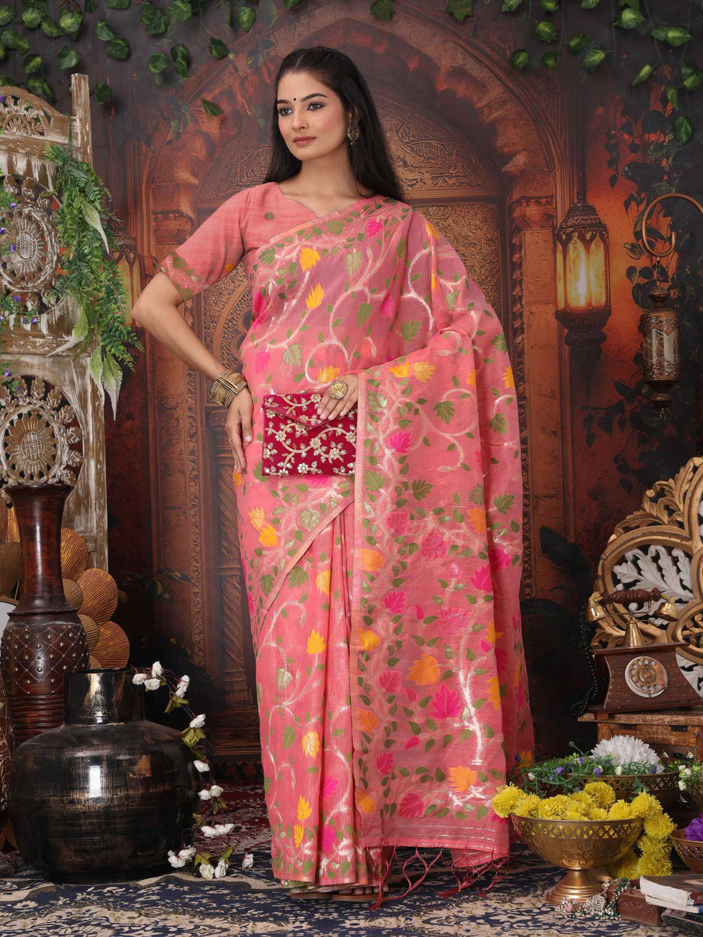 Traditional Linen Cotton Saree with Floral Design