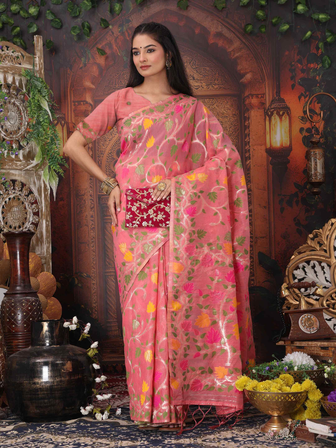 Traditional Linen Cotton Saree with Floral Design