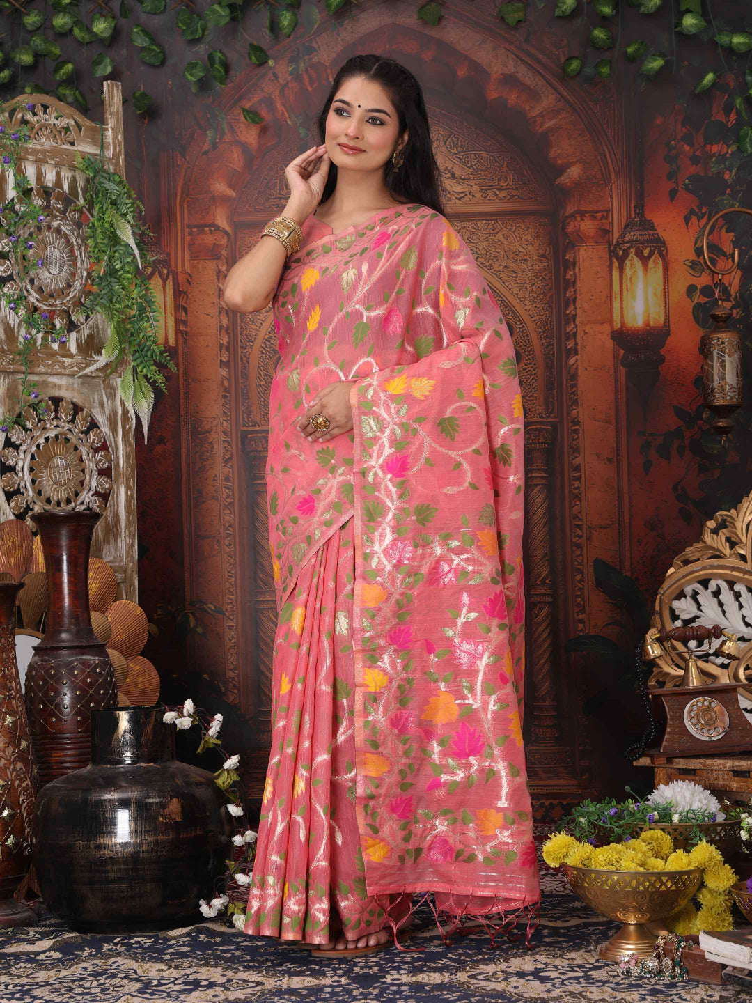 Traditional Linen Cotton Saree with Floral Design