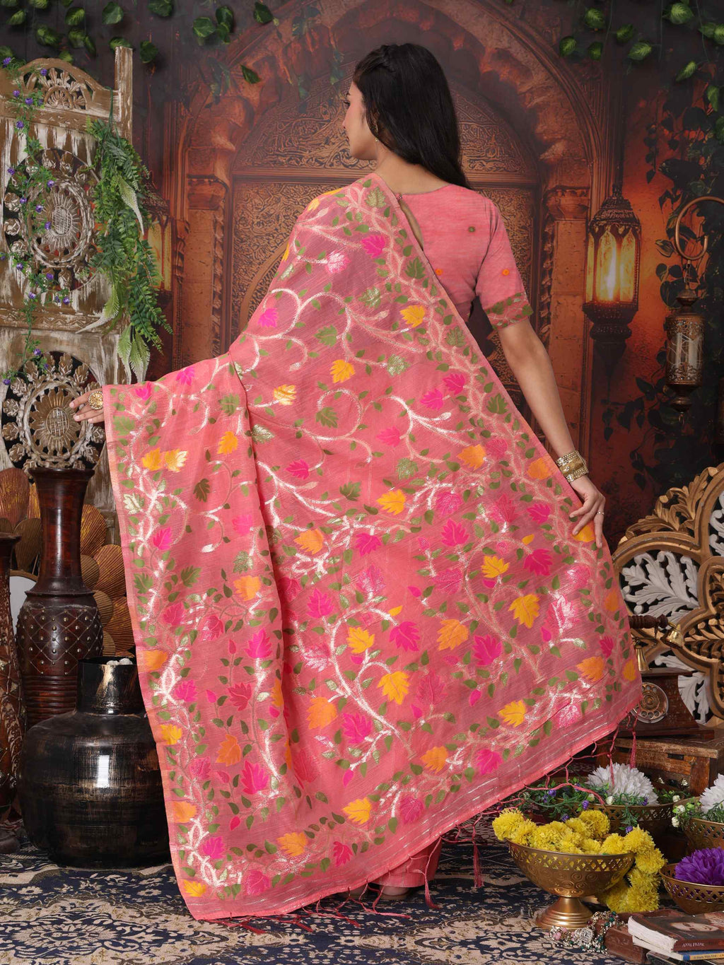 Traditional Linen Cotton Saree with Floral Design