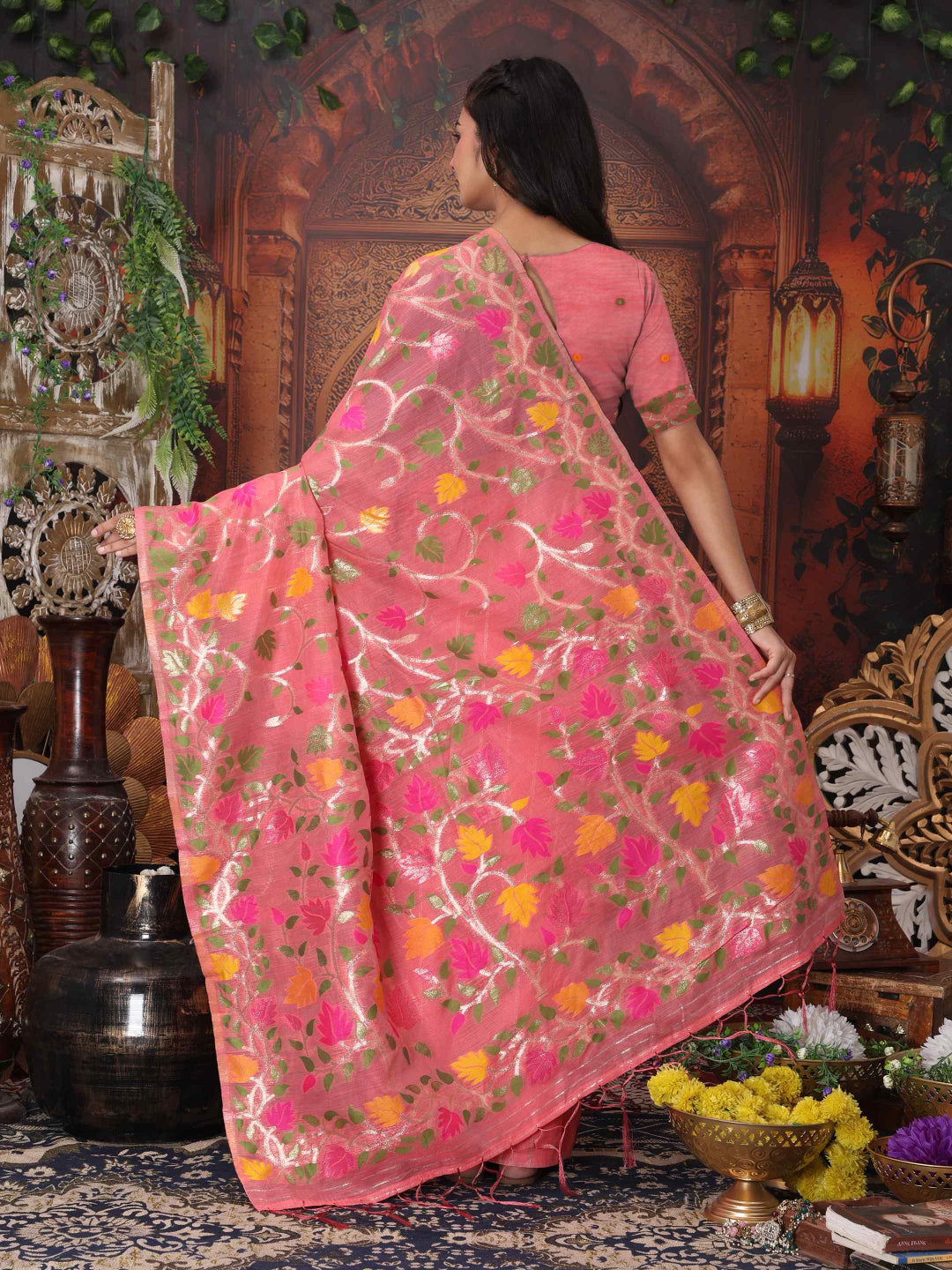Traditional Linen Cotton Saree with Floral Design