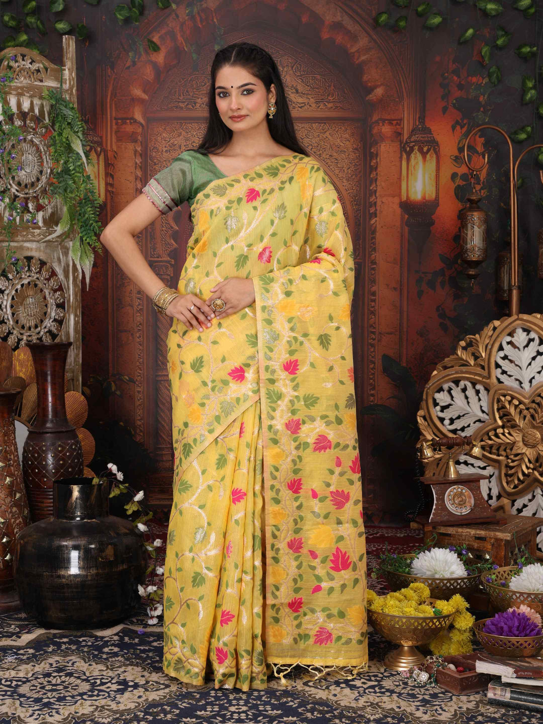 Traditional Linen Cotton Saree with Floral Design