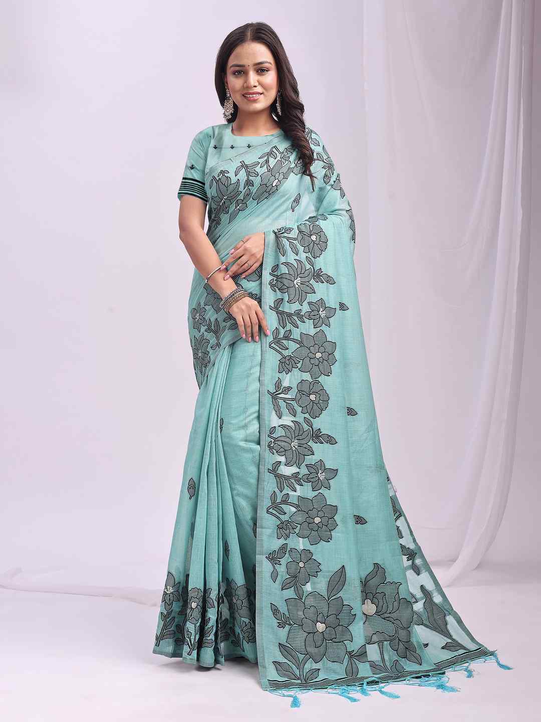 Sea Green Floral Cotton Linen Saree