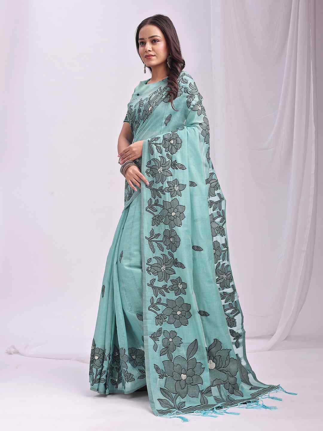 Sea Green Floral Cotton Linen Saree