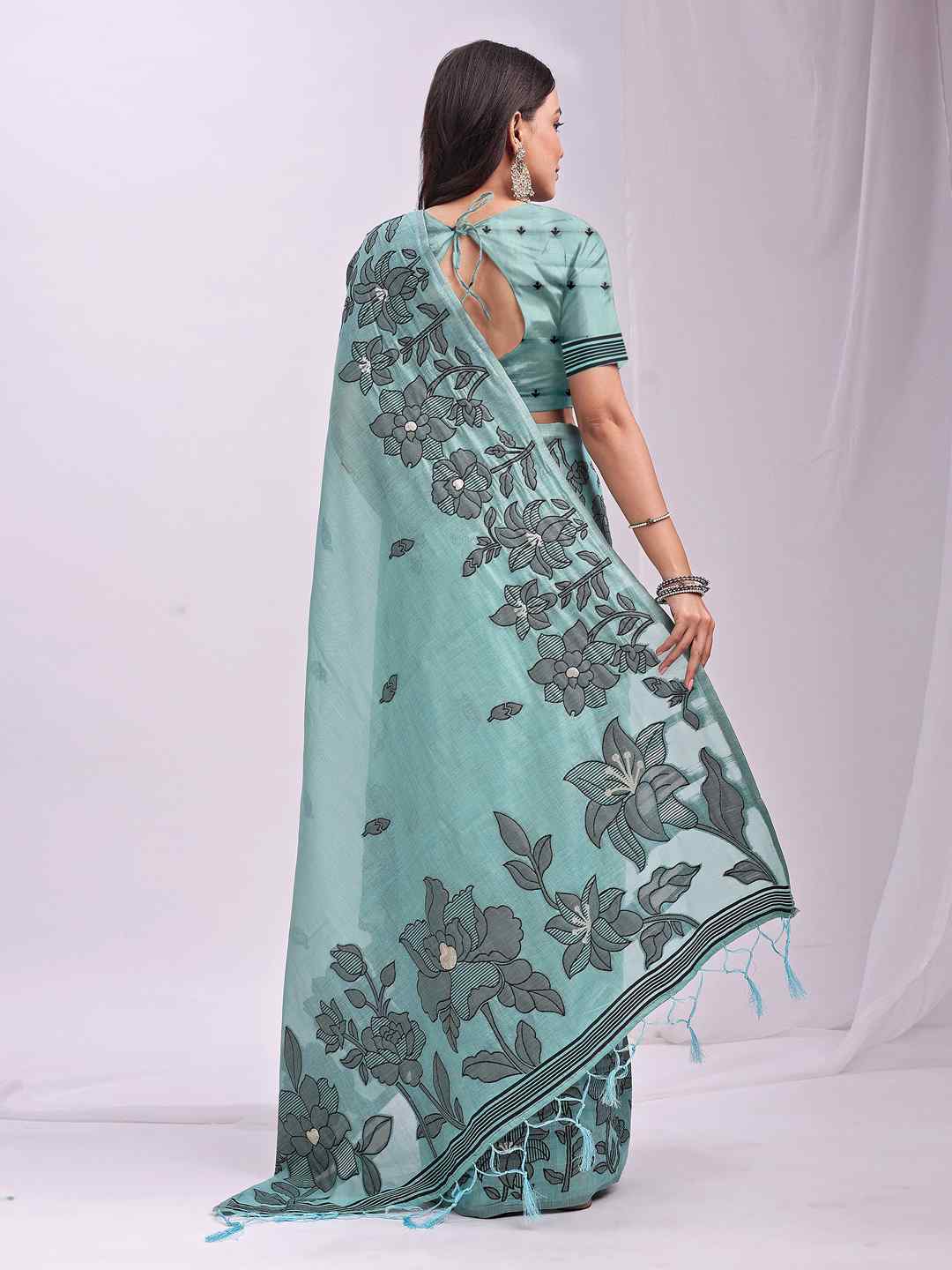 Sea Green Floral Cotton Linen Saree