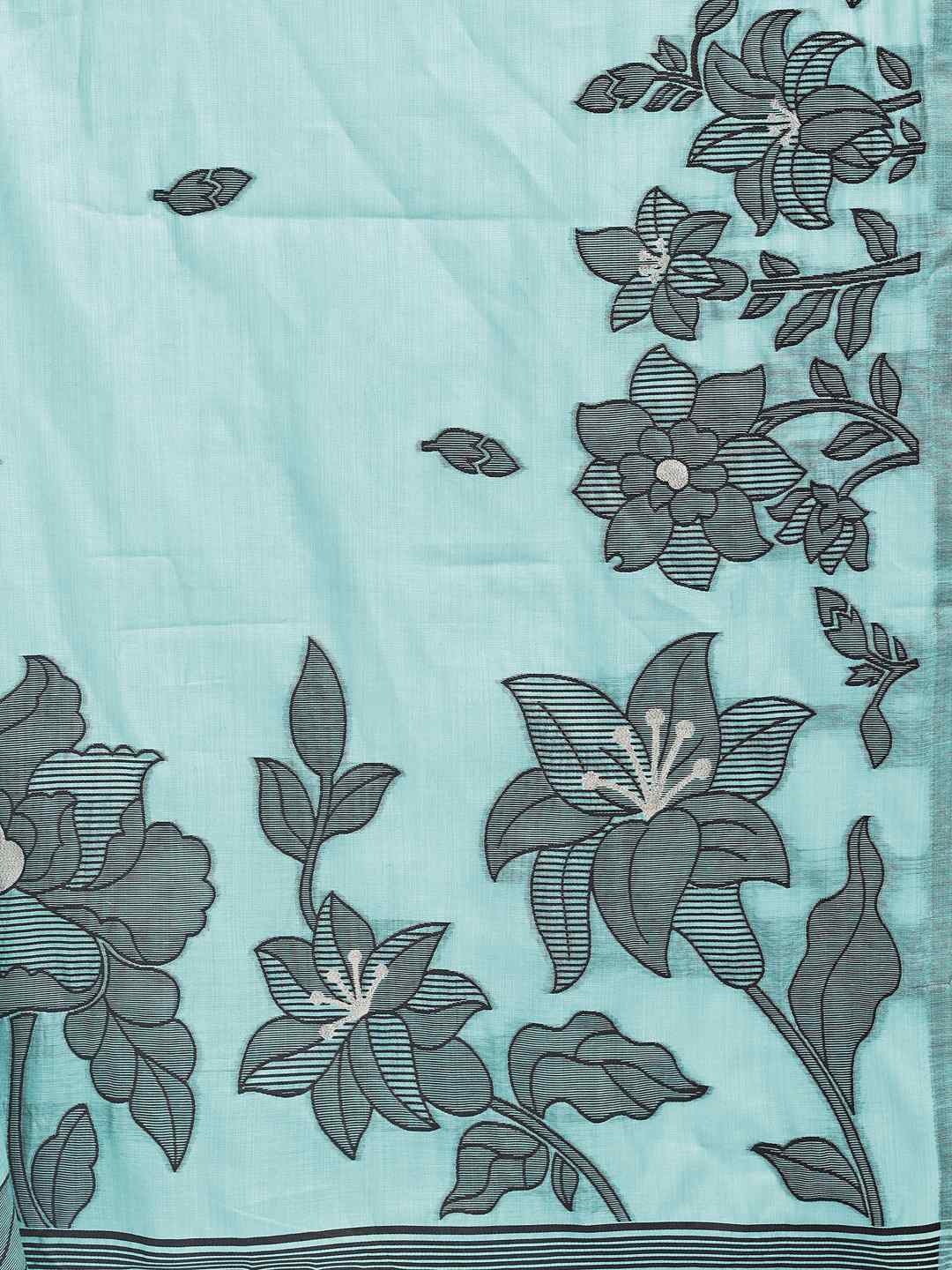 Sea Green Floral Cotton Linen Saree