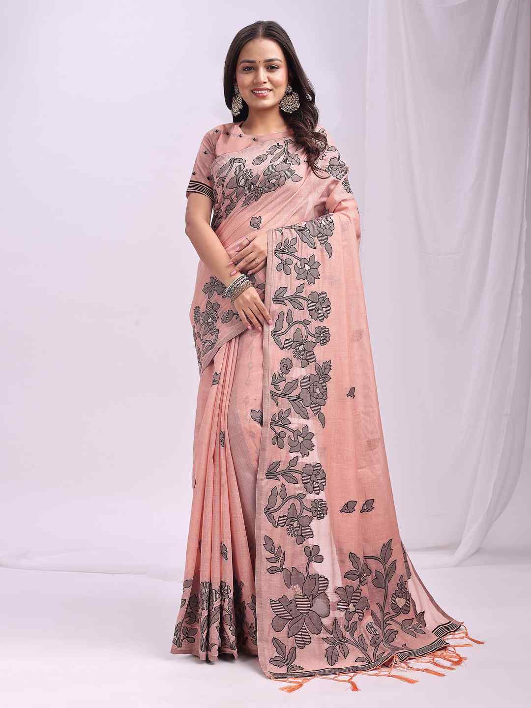 Sea Green Floral Cotton Linen Saree