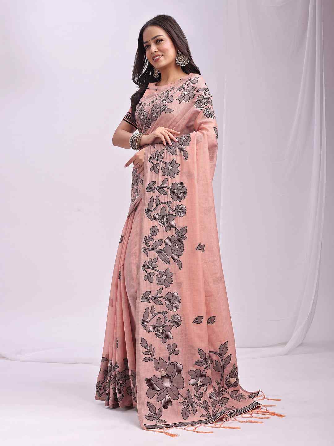 Sea Green Floral Cotton Linen Saree