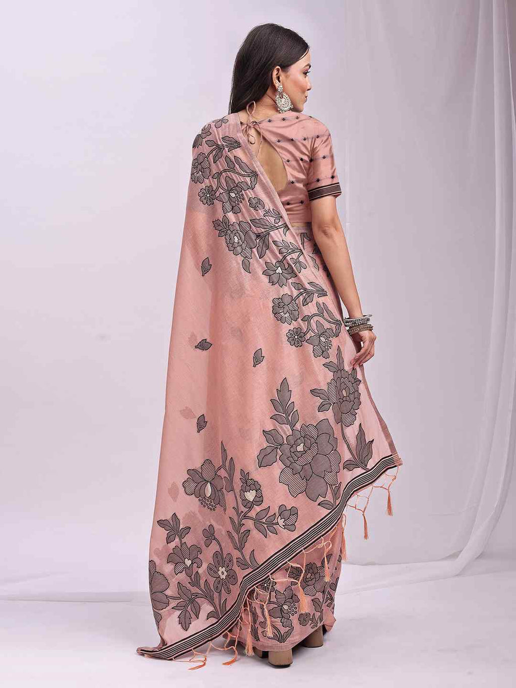 Sea Green Floral Cotton Linen Saree