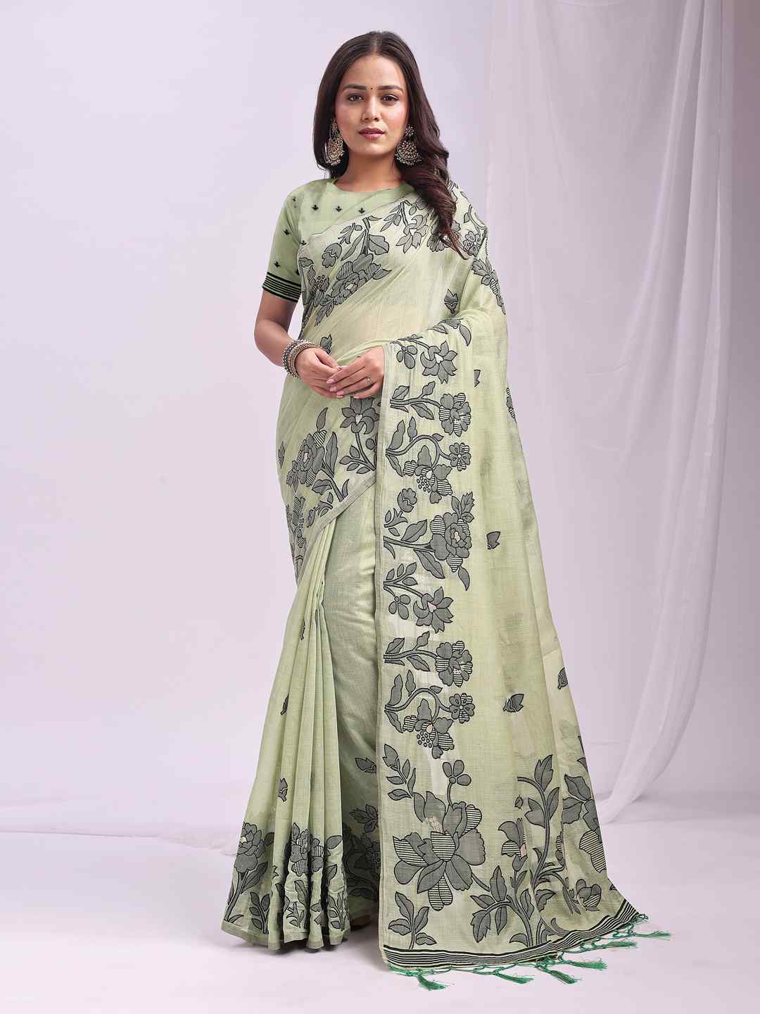 Sea Green Floral Cotton Linen Saree