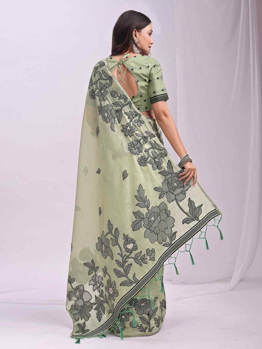 Sea Green Floral Cotton Linen Saree