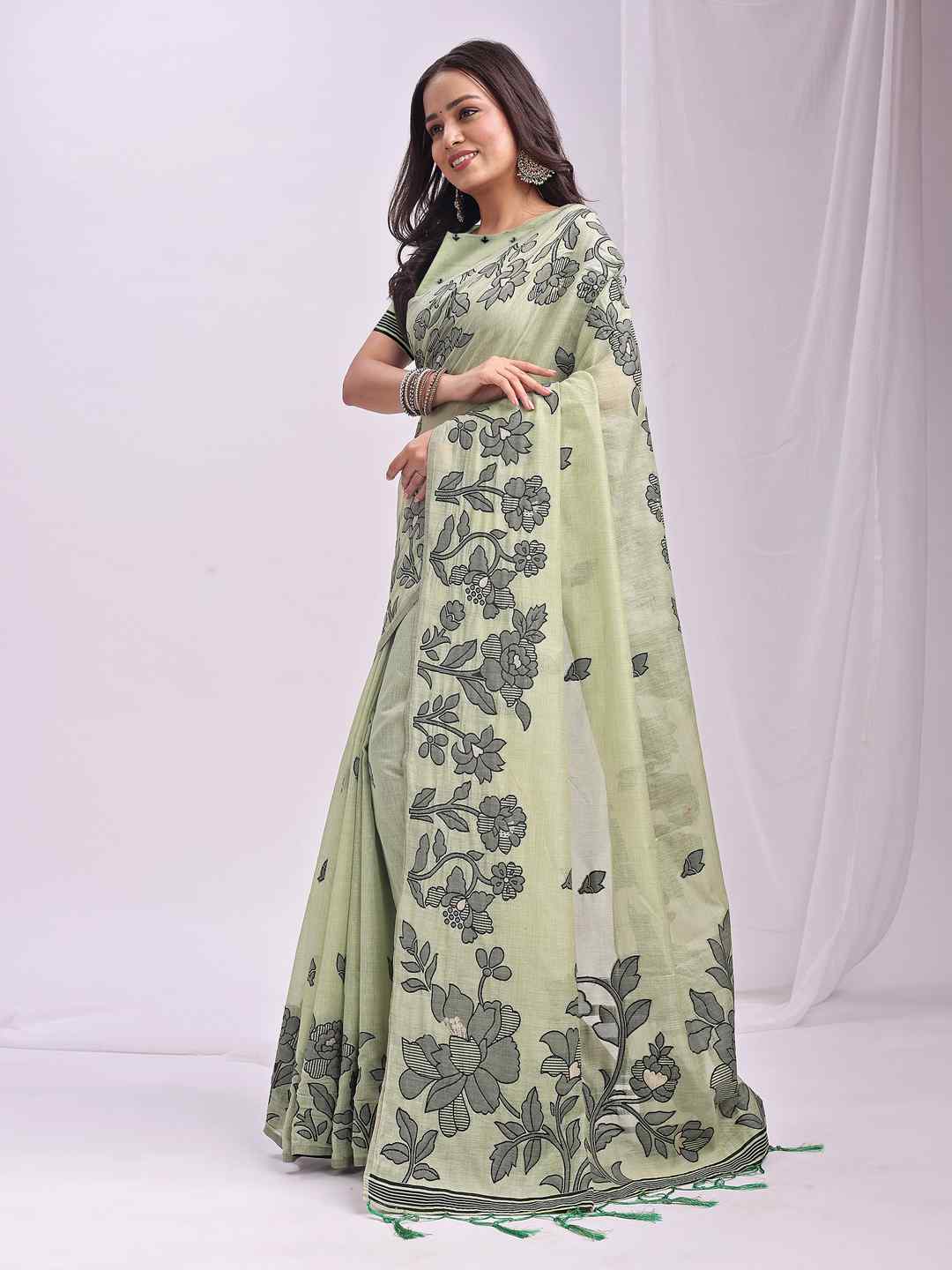 Sea Green Floral Cotton Linen Saree