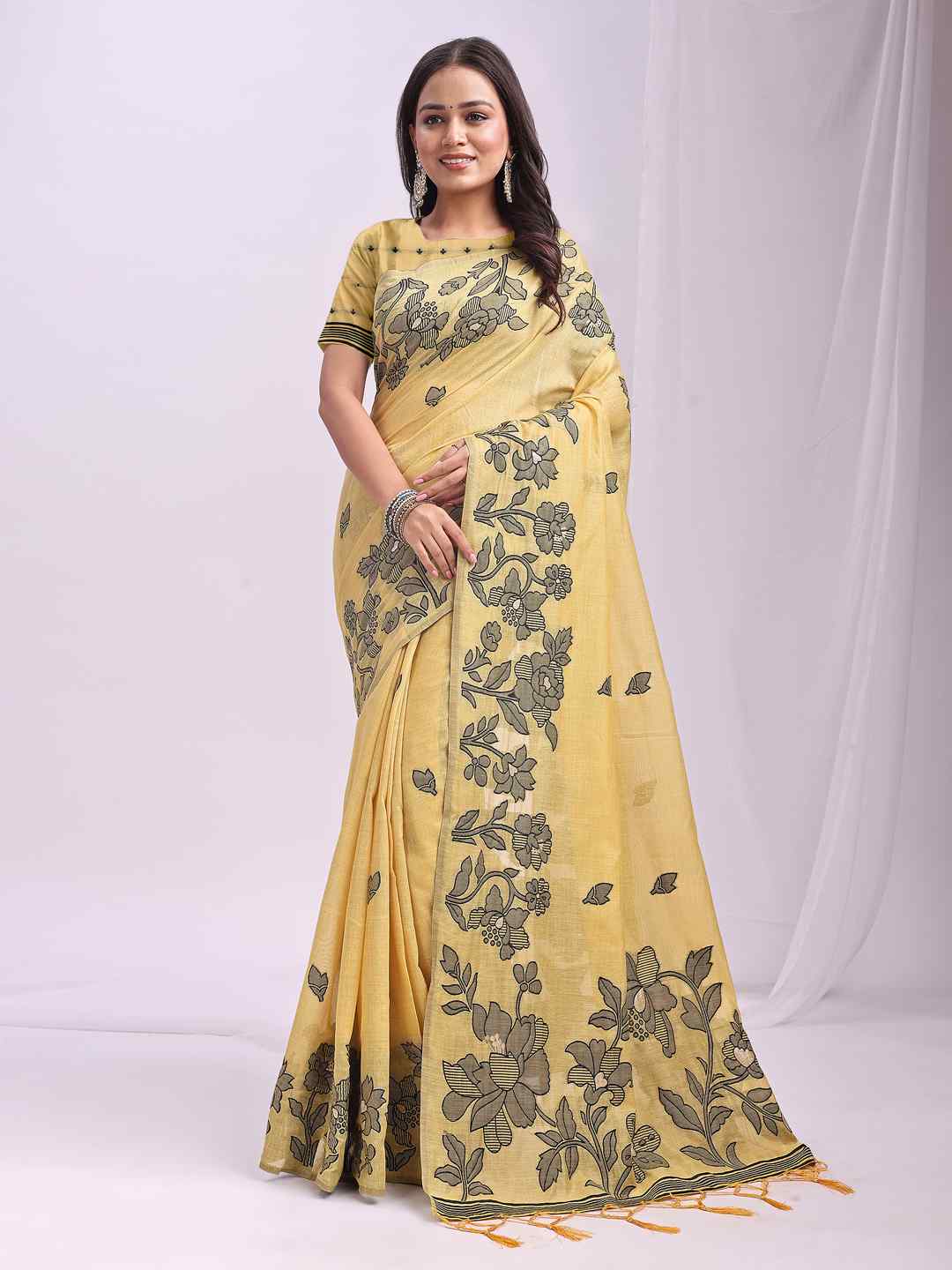 Sea Green Floral Cotton Linen Saree